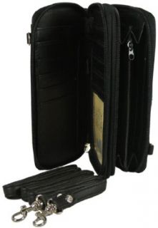 Lambskin Leather Black Clutch Wallet Organizer Double Zip with Crossbody Strap Wallet With Shoulder Strap