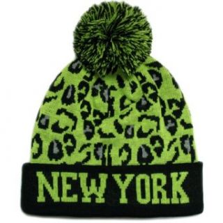 City Hunter Sk950 Leopard New York Pom Beanie   Black/lime at  Mens Clothing store Knit Caps