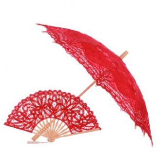 Topwedding Red Battenburg Pure Cotton Parasol Umbrella with Handmade Fan Clothing