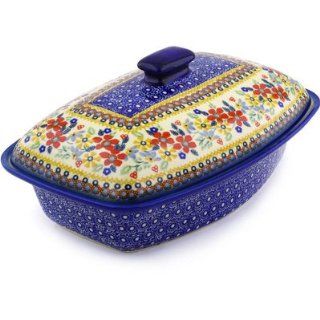 Polmedia Polish Pottery 13 inch Stoneware Baker with Cover H5292F Hand Painted from Manufaktura in Boleslawiec Poland. Shape S852D(Z151) Pattern P6798A(DPLC) Unikat   Baking Dishes