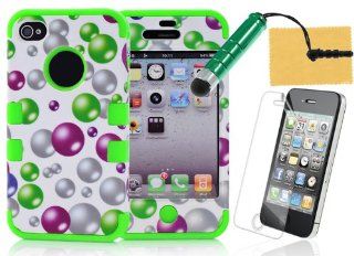 Tradekmk(TM) Colorful Bubbles Pattern Double Layer Case Cover for Apple iPhone 4 4S(Green Inner), with Free Stylus+Front and Back Screen Protectors+Cleaning Cloth