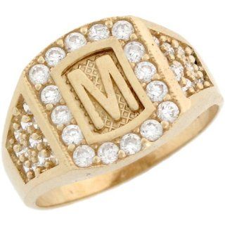14k Real Yellow Gold White CZ Accent Letter M Initial Ring Jewelry