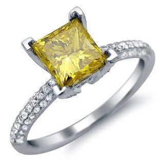 1.71ct Canary Yellow Princess Cut Diamond Engagement Ring 18k White Gold Jewelry