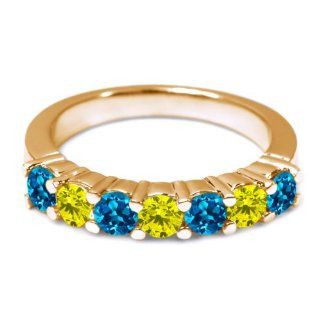 1.25 Ct Round London Blue Topaz Canary Diamond 18K Yellow Gold Wedding Band Ring Jewelry