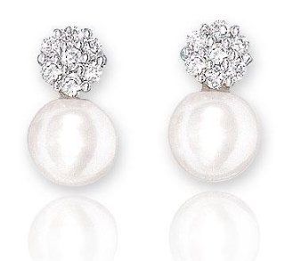 14k White Gold Diamond Fresh Water Pearl Drop Earrings Dangle Earrings Jewelry