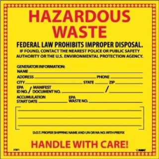 NMC HW1 Hazardous Waste Container Label, "HAZARDOUS WASTE", 6" Width x 6" Height, Pressure Sensitive Vinyl, Red/Black on Yellow (Pack of 25)
