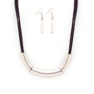Celebrity Style 21"L Faux Leather Multi Cord Tube Statement Silver Necklace And Earring Set Jewelry
