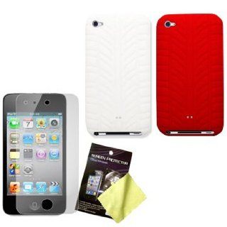 Two Tire Tread Silicone Cases / Skins / Covers (White, Red) & LCD Screen Guard / Protector for Apple iPod Touch 4 / 4G / 4th Gen Cell Phones & Accessories