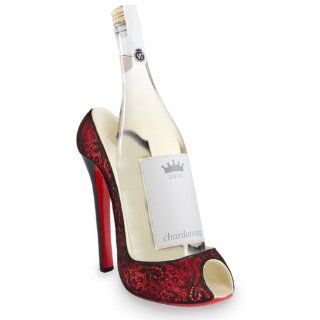 Red with Black Lace Women's Decorative High Heel Shoe Wine Bottle Holder   Wine Racks