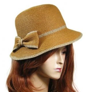Tan Straw Cloche Hat with Bow