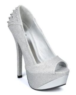 Qupid Count 08 Studded Spike Platform Stiletto Pump   Silver Glitter (Size 7.0) Pumps Shoes Shoes