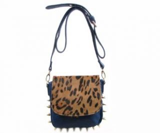 Luxcessories Spiked Leopard Skin Print Partial Leather Fashion Cross Body Bag   Blue Cross Body Handbags Clothing