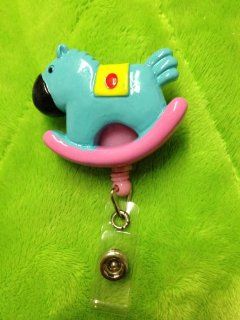 Blue Rocking Horse (3D) Pink Badge Reel ID Badge Holder 