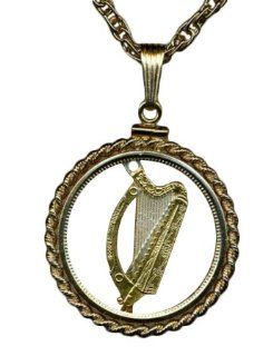 Stunning World 2 toned Nautical Gold and Sterling Silver Cut Coin Necklace Pendant Women's Men's Jewelry   Irish � Penny "Bronze" (U.s. Quarter   Size) Minted 1928  1967 "Mounted in a Gold Filled Rope Type Bezel" on 18" Cha