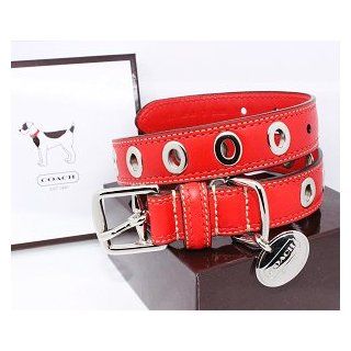 COACH Silver Grommets Leather Collar with Engraveable Charm 60112 Limited Edition   Silver/Geranium Red, Large (17" 21")  Pet Fashion Collars 