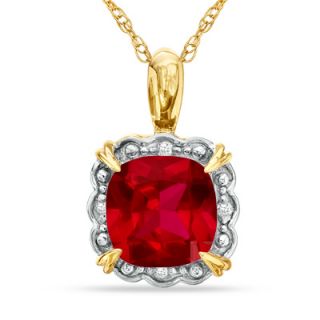 0mm Cushion Cut Lab Created Ruby and Diamond Accent Frame Pendant in