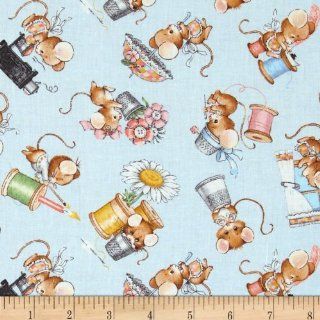 Anybody Can Sew Mice Notions All Over Blue Fabric