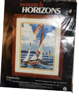 Monarch Horizons Sailboats Longstitch Design by Roger W Reinardy Design Size Approximately 12" x 16"   Wind Fills the Sales in the Boats Head for the Rainbow Horizon Calming Picture of a Sailboat on the Water They Rainbow in the Background