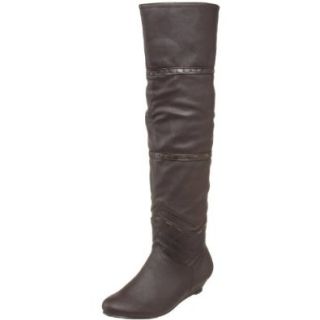 Bumper Edma Brown Thigh High Wedge Fold Over Boots (5.5) Furry Boots Shoes