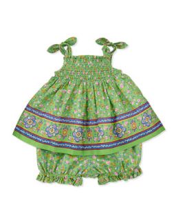 Smocked Sunset Print Dress & Bloomers Set, Green, Sizes 9 24 Months   Ralph