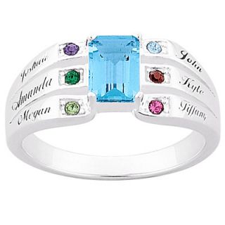 Ladies Sterling Silver Simulated Emerald Cut Birthstone Family Ring