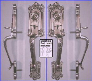 Two sets of ESTATE type DOOR Handles for Both Sides of Two French Doors. Each set consist of Two 14 1/2 x 3 inch handles, installation hardware and a matching roller latch. Our Modern Reproduction of this Fine Door Handle Set is forged in zinc   Doorknobs 