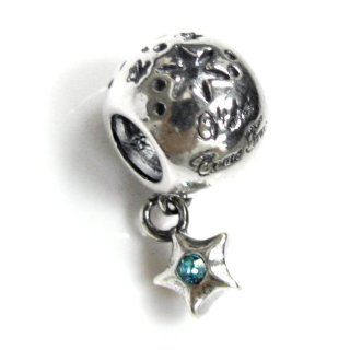 .925 Sterling Silver Dreams Wishes Came True Star Dangle Aquamarine Cz Crystal Bead For Pandora, Troll Chamilia Biagi European Story Charm Bracelet Jewelry