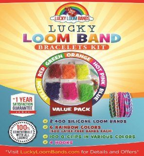 Loom Rubber Bands Kit 2,400pcs Silicone Loom Band Refill   1 Year Satisfaction Guarantee 6 Rainbow Colors Of 400 Each, 4 Bonus Replacement Hooks, 100 Clips   Makes Extra Fun, Crazy, Bright, Durable Bracelets From The Best Latex Free Silicon Lucky Loom Ba