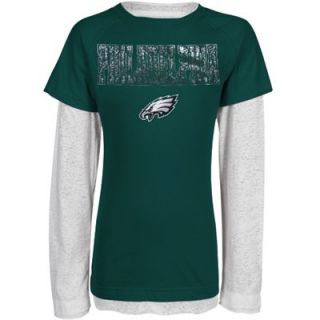Philadelphia Eagles Youth Girls Faux Layered Raglan Long Sleeve T Shirt   Midnight Green/White