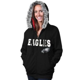 Philadelphia Eagles Ladies Full Zip Fleece Hoodie with Faux Fur Hood   Black