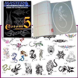 Master Airbrush Brand Airbrush Tattoo Stencils Set Book #5 Reuseable Tattoo Template Set, Book Contains 30 Unique Stencil Designs, All Patterns Come on High Quality Vinyl Sheets with a Self Adhesive Backing.