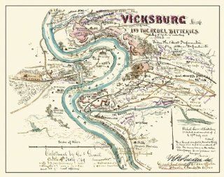 Civil War Maps   VICKSBURG MISSISSIPPI (MS) & REBEL BATT. CIVIL WAR MAP 1863   Matte Art Paper   Prints