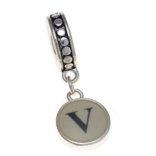 Round Silvertone Initial Letter Typewriter Style Bead, Letter V Bead Charms Jewelry