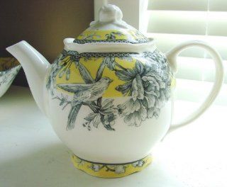 222 Fifth Yellow Adelaide Teapot / Coffee Pot Bird & Floral Toile Salad Plates Kitchen & Dining