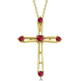 14K Gold Cross Necklace with Five Round Red Ruby Gemstones July Birthstone Cross for Women .34tcw Pendants Jewelry