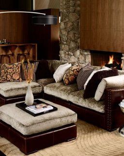 Chenille & Leather Sectional Sofa, Five Piece Set