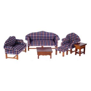 Town Square Miniatures Plaid and Walnut Living Room Set   Collector Dollhouse Accessories