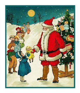 Counted Cross Stitch Chart Victorian Father Christmas Santa Giving Children Presents with Tree