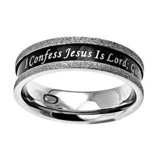 Christian Womens Stainless Steel Abstinence Black Ebony Champagne Confess & Believe Chastity Ring for Girls   "I Confess Jesus As Lord; God Has Raised Him From The Dead" Romans 109   Girls Purity Ring Jewelry