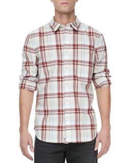 Mens Oversized Plaid Long Sleeve Shirt, Stone/Brick   7 For All Mankind  