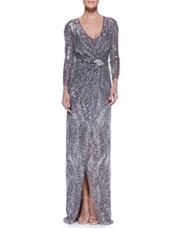 Womens Beaded Long Sleeve Gown with Wrap Front   Jenny Packham   Osprey (UK8/4)