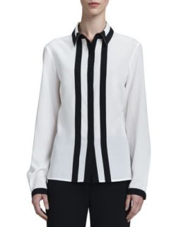 Womens Long Sleeve Contrast Trim Blouse, White/Caviar   St. John Collection  