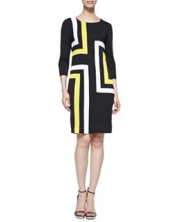 Womens 3/4 Sleeve Graphic Lines Dress, Petite   Misook   Black/White/Quad (PL