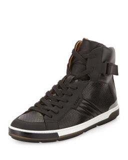 Mens Perforated Leather High Top Sneaker, Black   Bally   Black (11)