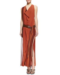 Womens Draped Belted Side Slit Dress   Donna Karan   Terracotta/Spice (12)
