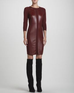 Womens Leather Inset Knit 3/4 Sleeve Dress   Rena Lange   Marsala (10)