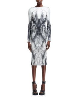 Womens Long Sleeve Fur Printed Jersey Dress, White/Black   Alexander McQueen  