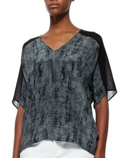 Lace Print V Neck Silk Top, Womens   Eileen Fisher   Charcoal (1X (14/16))