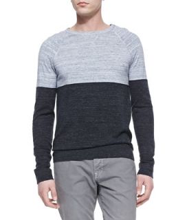 Mens Marled Colorblock Crewneck Sweater, White/Navy   Vince   White/Navy