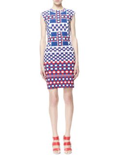Womens Graphic Check Cap Sleeve Dress, Blue/White/Red   Alexander McQueen  